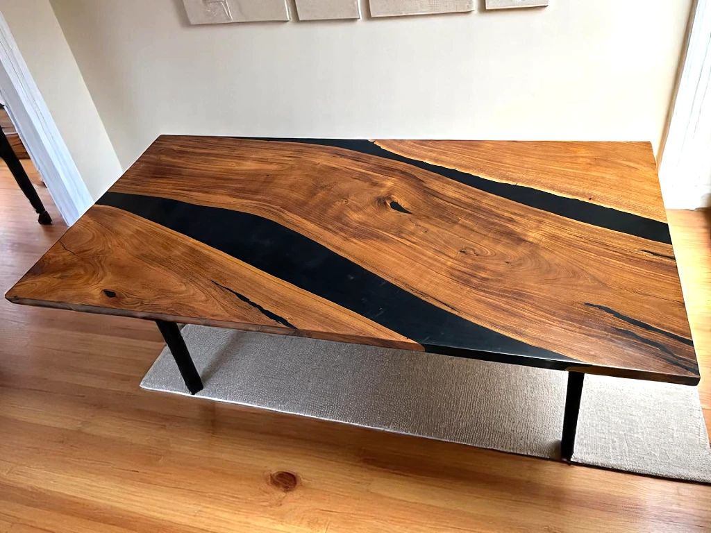 Handcrafted Large Wooden Coffee Table with Black Epoxy Resin